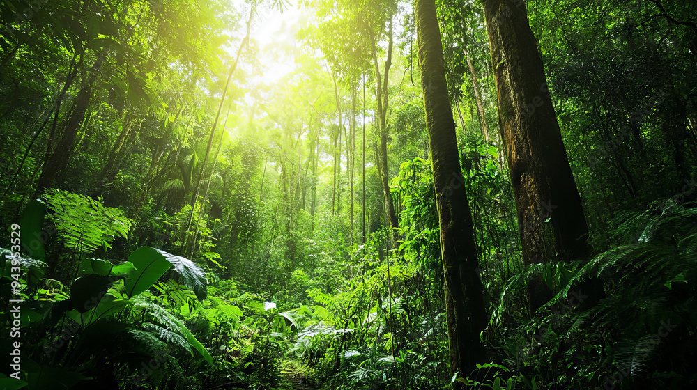 Fototapeta premium Tropical forests can absorb significant amounts of carbon dioxide from the atmosphere, reducing the carbon footprint. --ar 16:9 --v 6.1 Job ID: fa803373-3130-491a-b1c2-2cbdbe1dd95c