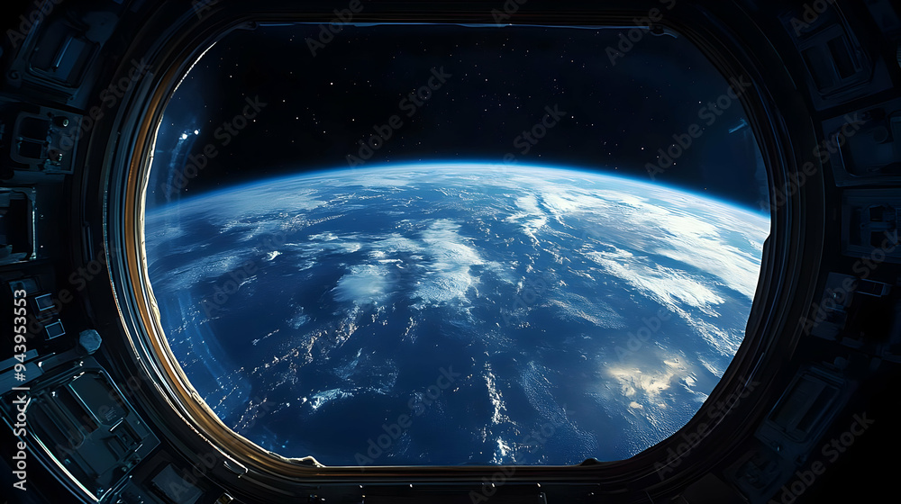View of Earth from spaceship window with clouds and stars. View of Earth from spaceship window with clouds and stars.
