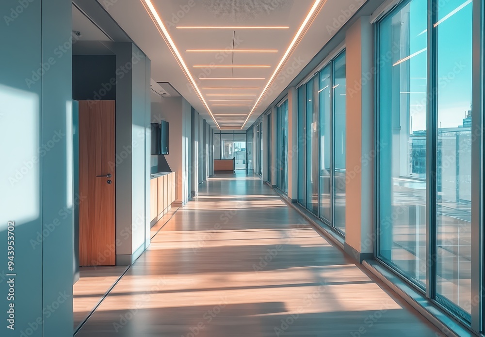 Modern Office Corridor with Large Windows