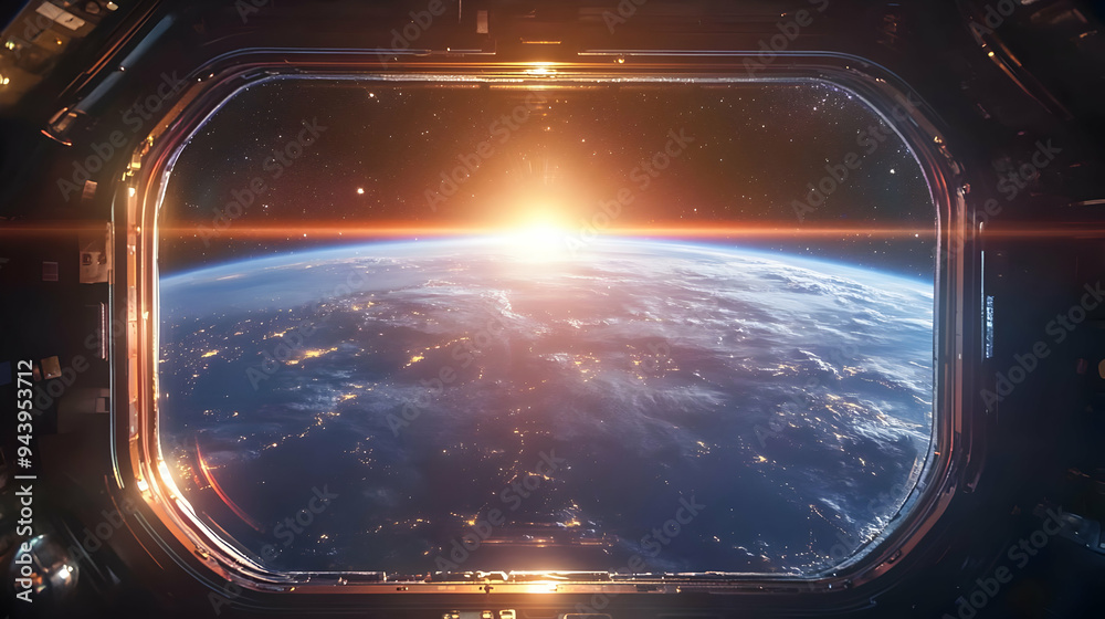 View of Earth through spaceship window with sunrise in the background. View of Earth through spaceship window with sunrise in the background.