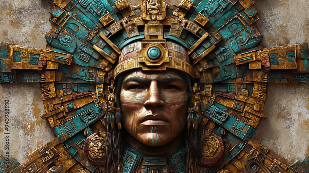 Obraz premium Intricate Aztec warrior relief with detailed carvings in vibrant colors