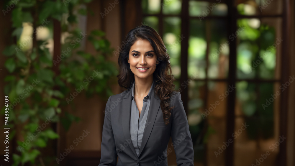 Indian businesswoman with flawless skin and natural beauty. Brunette with neat hair and a confident smile, gazing at camera Indian businesswoman with flawless skin and natural beauty. Brunette with neat hair and a confident smile, gazing at camera