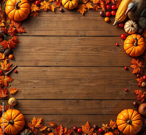 Thanksgiving day wooden table surrounded with autumn vegetables fruits and turkey bird. beautiful background design for your thanksgiving party invitation wallpaper etc