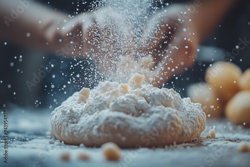 Dough maker with explosion flour powder concept, Close up shot bakery making . photo