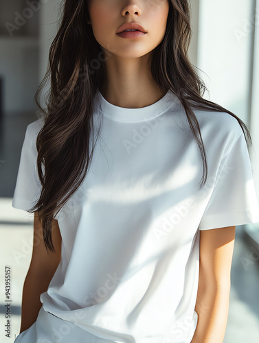 White t-shirt mockup. Close up of a beautiful woman wearing white t-shirt. Generative ai.