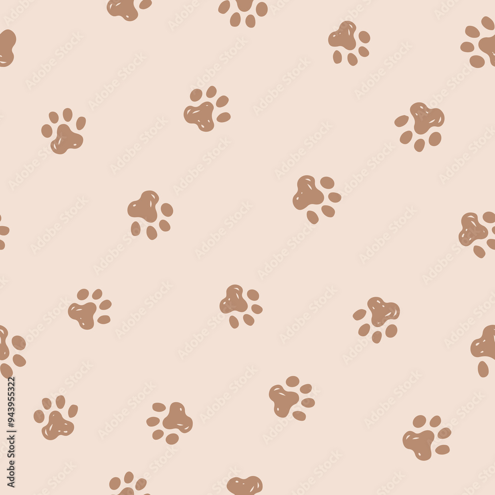 Fototapeta premium Dog paw seamless pattern. Beige animal repeat for doggie and pet products. Small elements all over print.