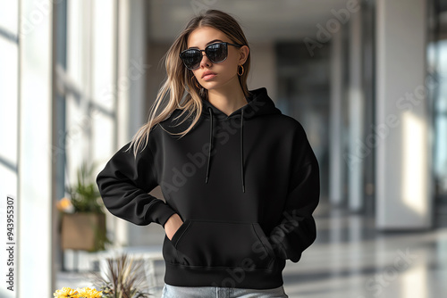 Black plain hoodie mockup. Beautiful woman wearing black plain hoodie. Generative ai.