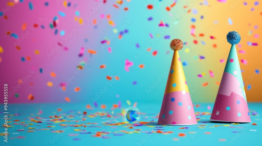 cheerful party hats and horns against a vivid backdrop, creating a festive atmosphere for a special event-themed banner