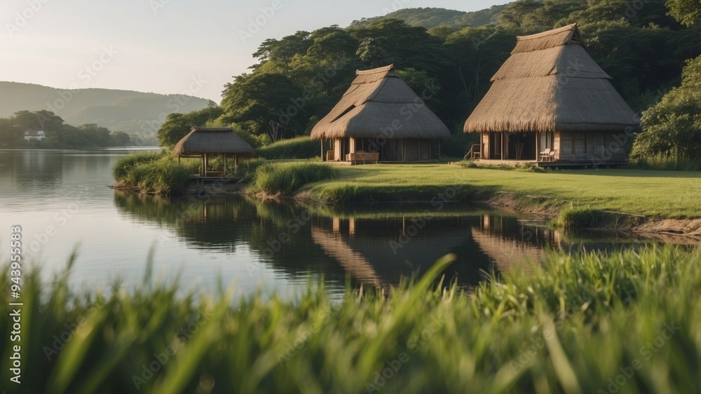 A lush green field borders a body of water a thatched-roof building sits beside it. A lush green field borders a body of water a thatched-roof building sits beside it.