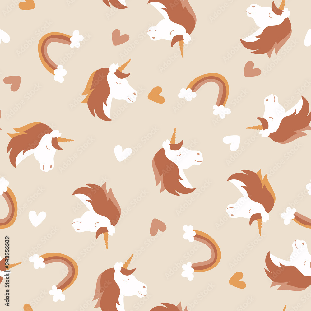 Unicorn seamless pattern. Earth tones, Boho style unicorn background. Magical Unicorn.