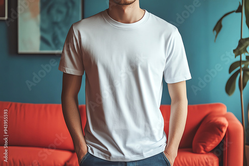 White t-shirt mockup. Close up of a man wearing white t-shirt in living room. Generative ai.