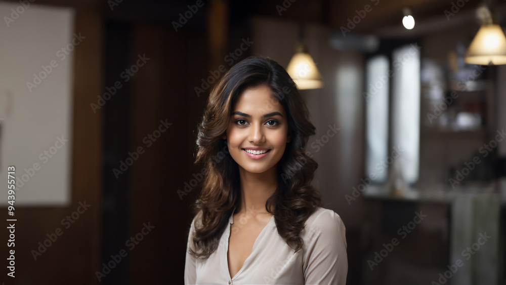 Confident and charismatic Indian businesswoman with a warm smile and natural beauty. Brunette hair and flawless skin complement her captivating gaze Confident and charismatic Indian businesswoman with a warm smile and natural beauty. Brunette hair and flawless skin complement her captivating gaze