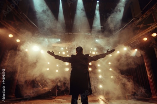 Rear view of a male magician on stage with arms spread wide. Amidst the beams of spotlights and smoke on the stage, the atmosphere in the theater