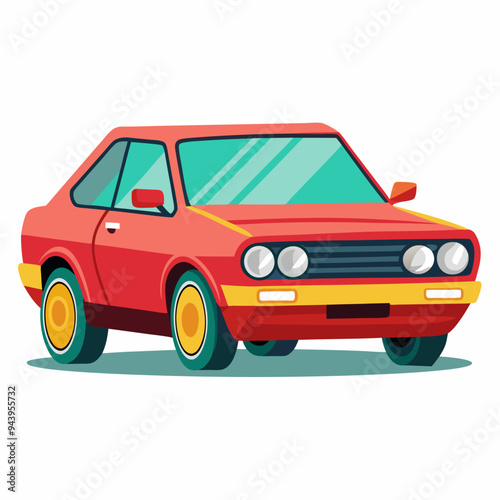 Red vintage car with yellow wheels and bumper