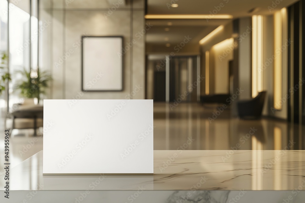 Empty signboard sits on a reception desk in a luxurious hotel lobby Empty signboard sits on a reception desk in a luxurious hotel lobby