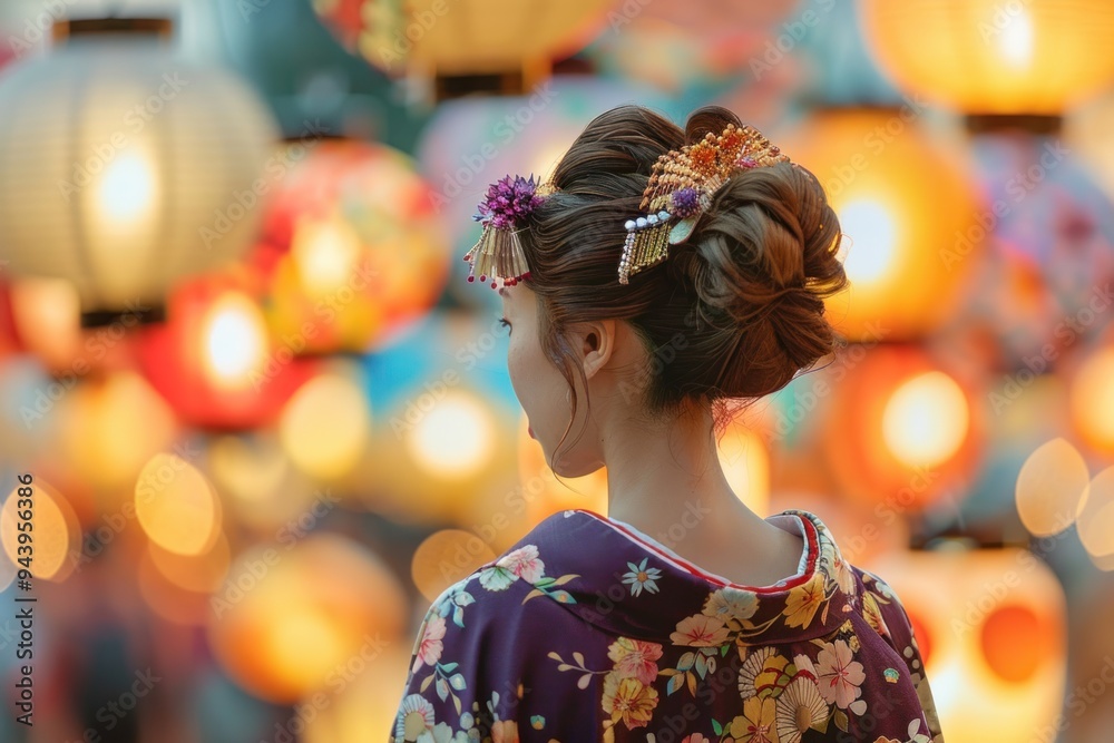 Fototapeta premium An Asian woman beautifully dressed in a traditional blue kimono. Accessorize with intricate hair accessories. Stand among the colorful lanterns during the Obon festival at night.