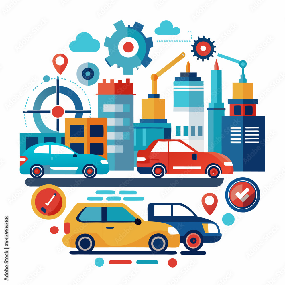 Fototapeta premium Cityscape with Cars, Gear, and Checkmarks