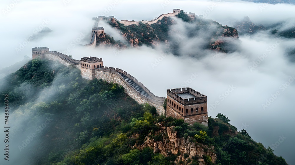 Fototapeta premium Great Wall in the Clouds: Bird's-eye view of the Great Wall of China partially obscured by low-lying clouds, creating a mystical and serene atmosphere. 