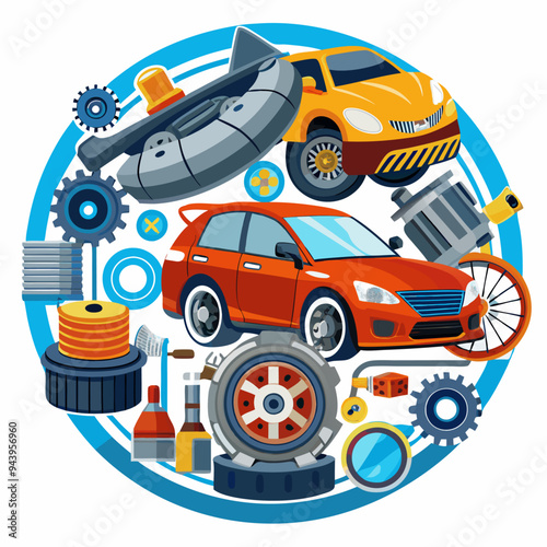 Automobile Parts and Cars in a Blue Circle
