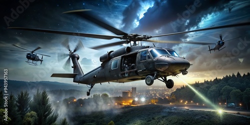 Stealthy Nighttime Ambush: Tactical black helicopter, night vision, infrared, ambush, surprise attack. photo