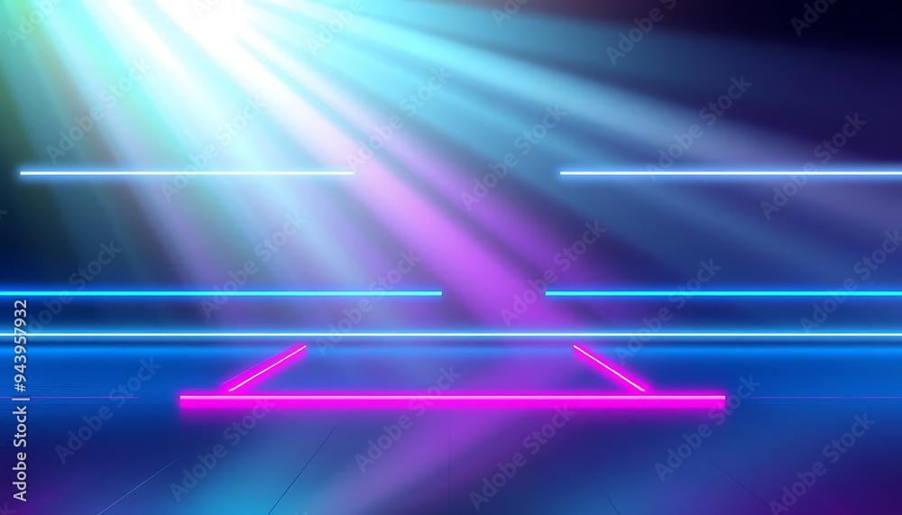 Abstract background with flashing neon lights of green blue white pink violet colors glowing on rectangle lines on shiny reflecting stage Abstract background with flashing neon lights of green blue white pink violet colors glowing on rectangle lines on shiny reflecting stage