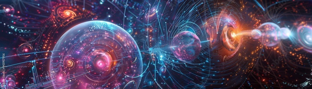 Obraz premium A vibrant cosmic landscape featuring glowing spheres and swirling lights, embodying the beauty of the universe and abstract art.