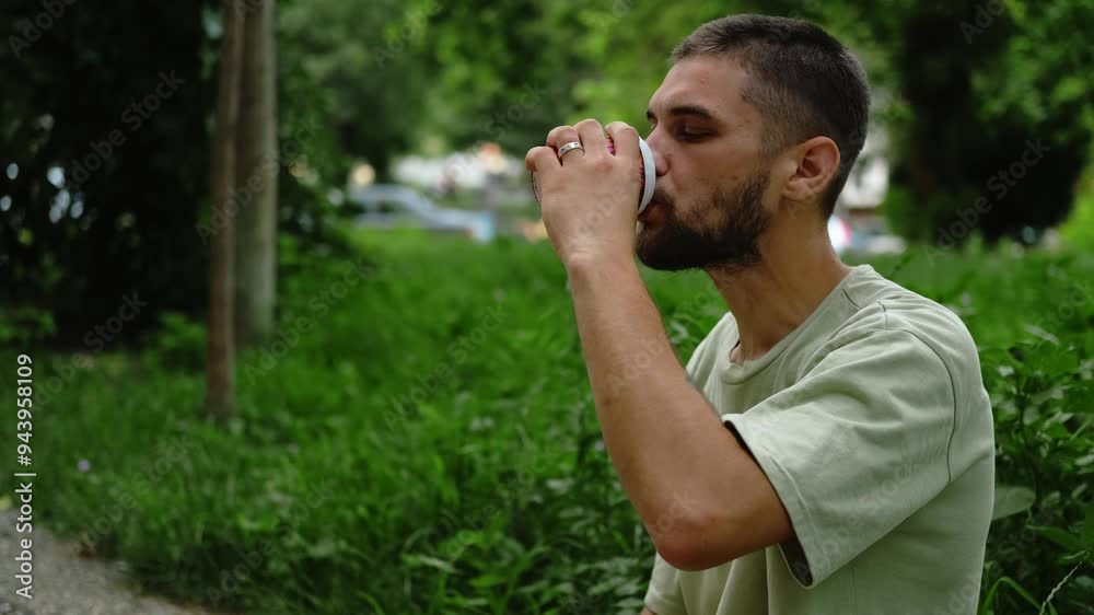 A young bearded Caucasian man drinks coffee from a paper cup outside in summer. The guy took away hot drink and enjoys the taste of tea or espresso. A young bearded Caucasian man drinks coffee from a paper cup outside in summer. The guy took away hot drink and enjoys the taste of tea or espresso.