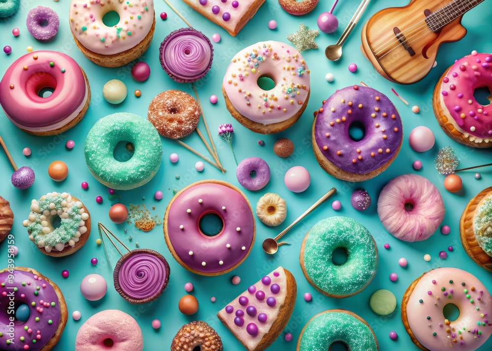 Sugar Rush Serenade Donut Orchestra: A medley of donuts in various shapes and sizes, creating a symphony of sweetness in a kaleidoscope of sugary hues like pink, lavender, and mint green. Sugar Rush Serenade Donut Orchestra: A medley of donuts in various shapes and sizes, creating a symphony of sweetness in a kaleidoscope of sugary hues like pink, lavender, and mint green.