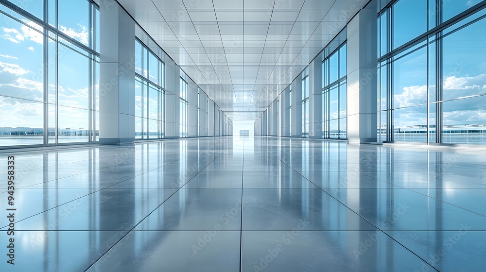 Bright 3D office background featuring a vast business hall with reflective floors, capturing the ambiance of a modern airport. Bright 3D office background featuring a vast business hall with reflective floors, capturing the ambiance of a modern airport.