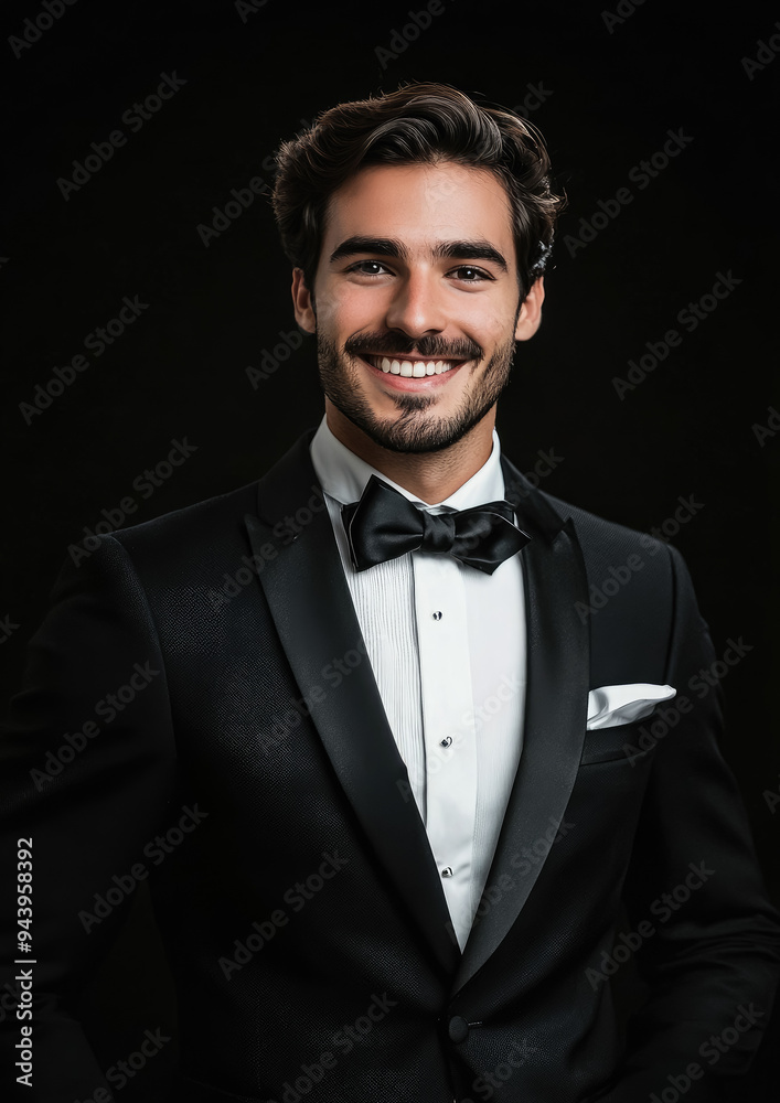 young attractive handsome smiling man in tuxedo with bow tie on black background, rich person, guy portrait, evening outfit, festive wear, model, male, signor, dandy, tailcoat, jacket, fashion, style