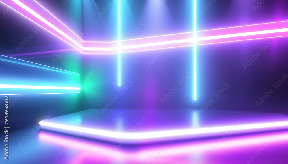 Abstract background with flashing neon lights of green blue white pink violet colors glowing on rectangle lines on shiny reflecting stage Abstract background with flashing neon lights of green blue white pink violet colors glowing on rectangle lines on shiny reflecting stage