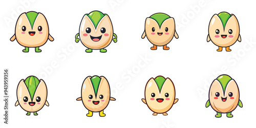 Illustration of multiple cute pistachio characters, black outline