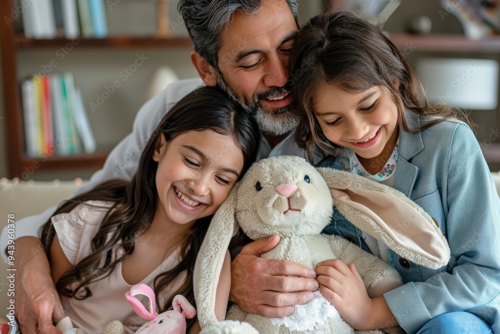 Adorable parents and daughter sitting on the sofa hugging a stuffed rabbit in the living room, celebrating Easter with happy smiles. together happy family Adorable parents and daughter sitting on the sofa hugging a stuffed rabbit in the living room, celebrating Easter with happy smiles. together happy family