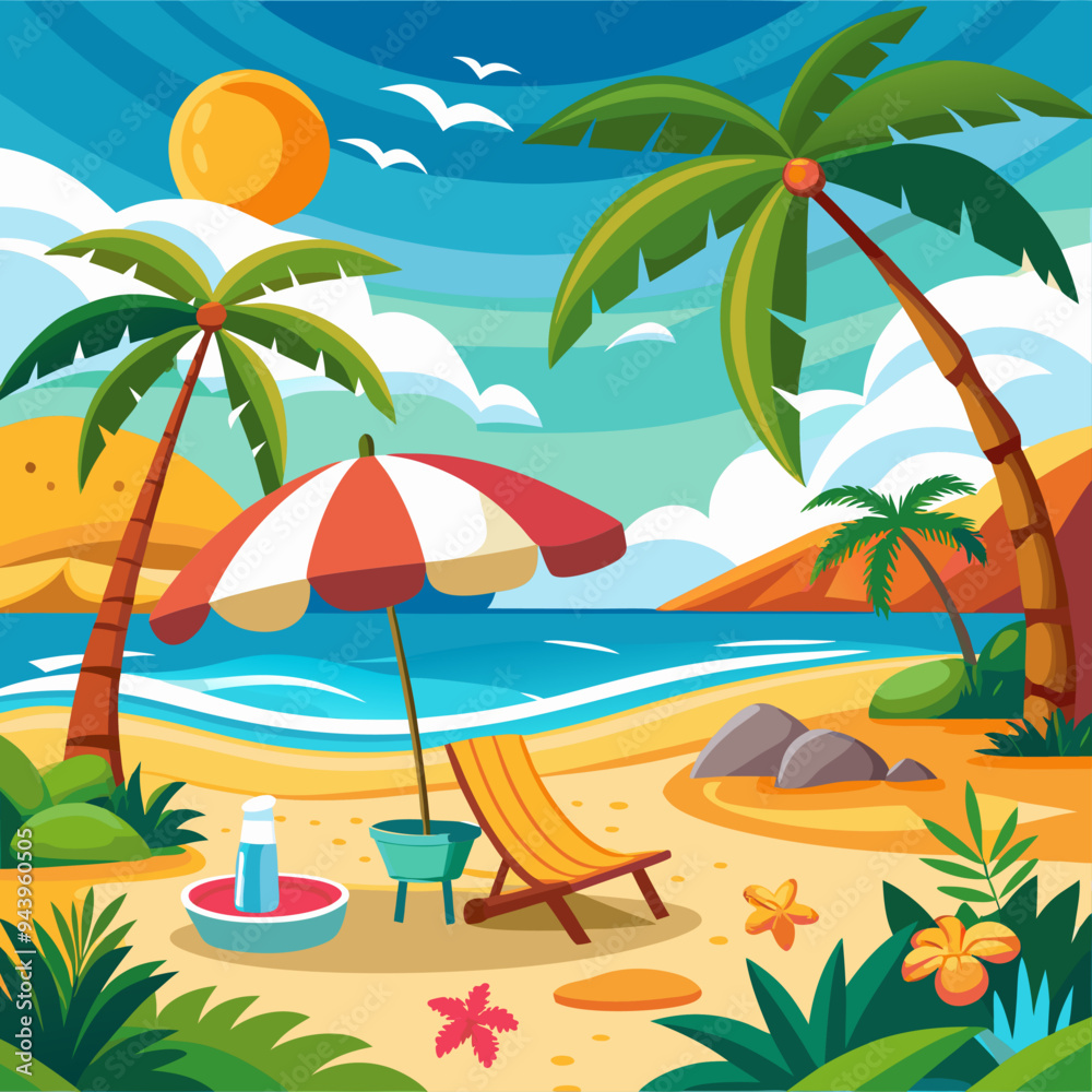 Fototapeta premium Tropical Beach Scene with Palm Trees, Umbrella, and Lounge Chair