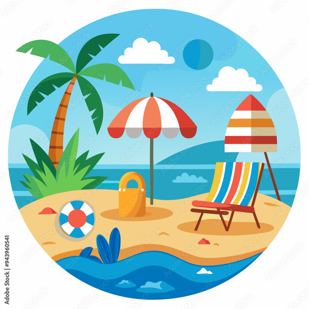 Obraz premium Beach Relaxation Scene with Palm Tree, Umbrella, and Deckchair