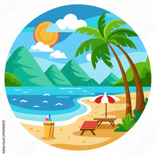 Tropical Beach Scene with Palm Trees, Sun, and Loungers