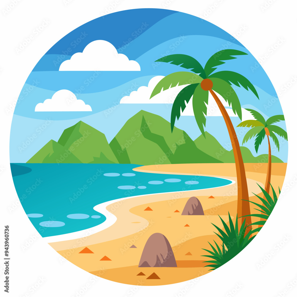 Fototapeta premium Tropical Beach Scene with Palm Trees, Blue Ocean, and Mountains