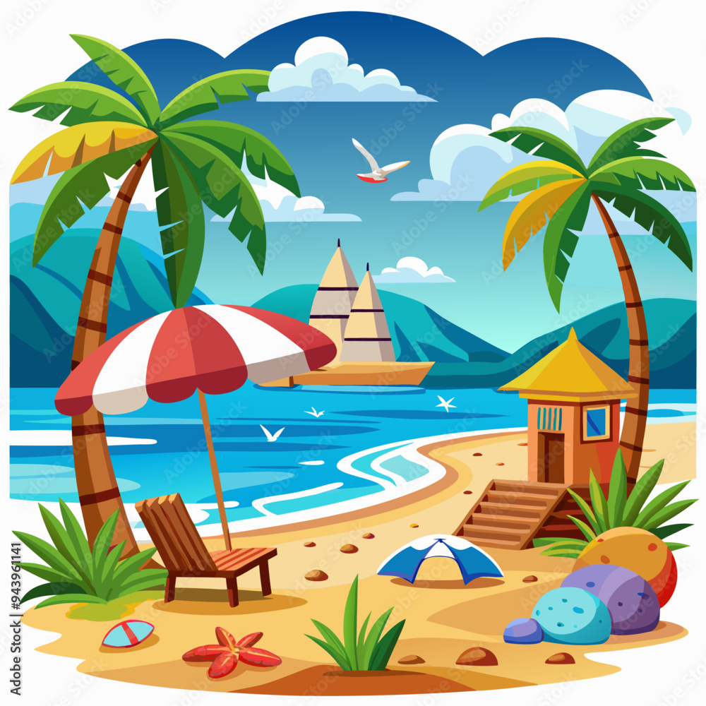 Obraz premium Idyllic Tropical Beach Scene with Palm Trees, Boat, and Beach Hut