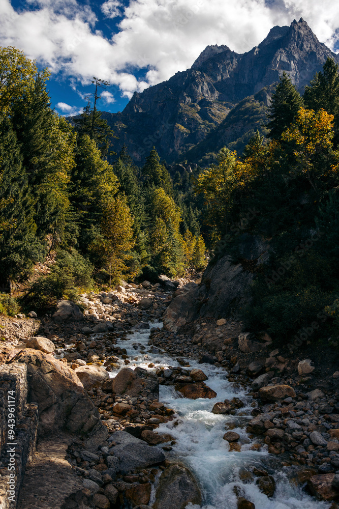 Beautiful landscape of a rushing stream along the rocky valley in the rugged mountains of Himachal Pradesh in Northern India, between Kupa and Chitkul; Himachal Pradesh, India Beautiful landscape of a rushing stream along the rocky valley in the rugged mountains of Himachal Pradesh in Northern India, between Kupa and Chitkul; Himachal Pradesh, India