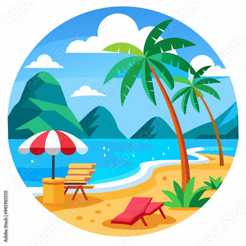 Tropical Beach Scene with Palm Trees, Umbrella, and Loungers