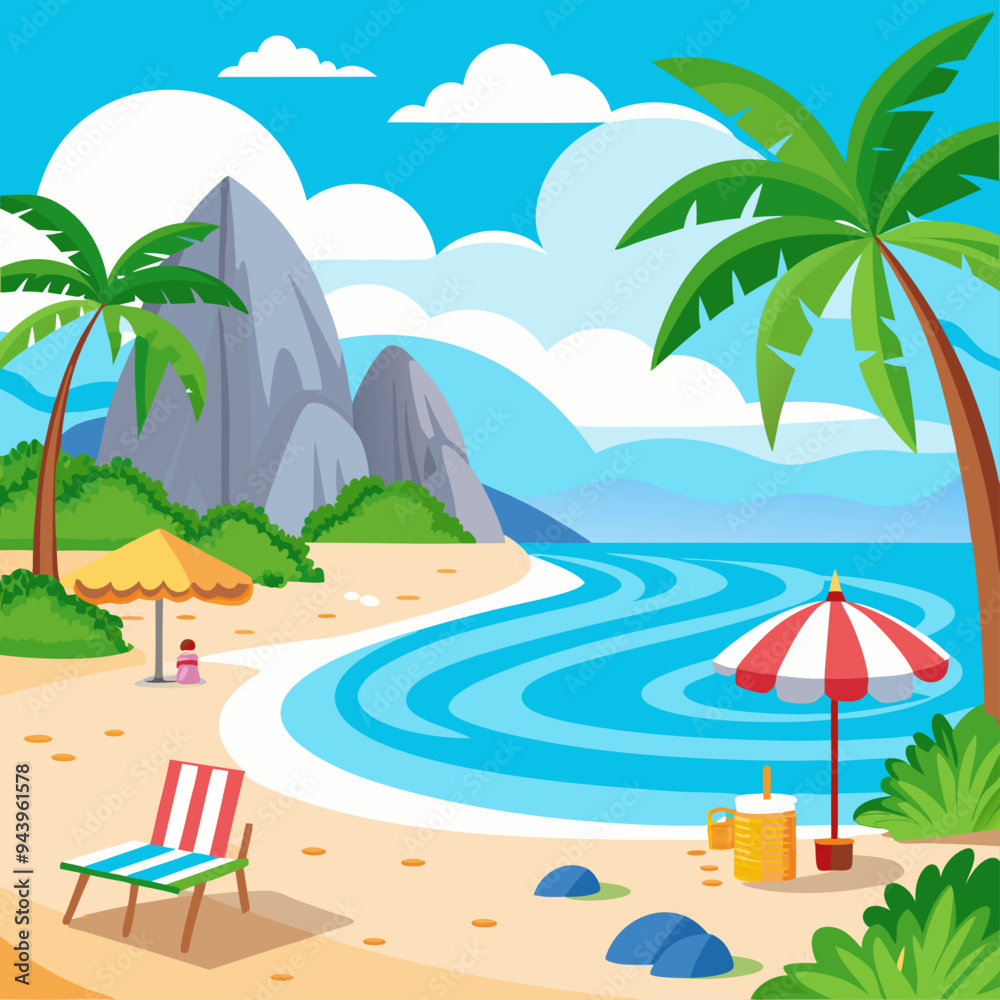Obraz premium Tropical Beach Scene with Palm Trees, Umbrellas, and a Beach Chair