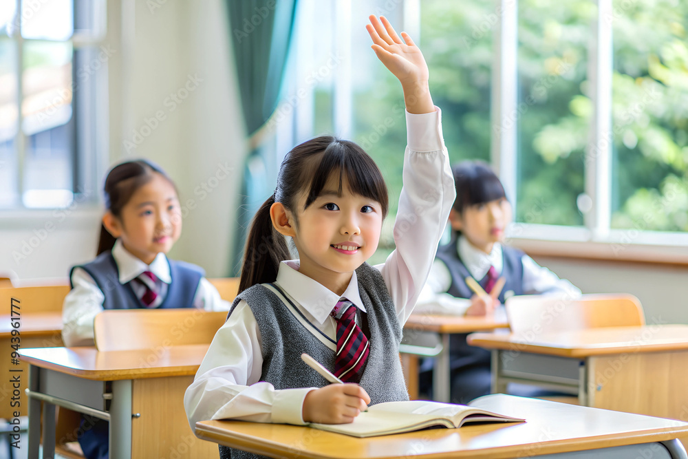 In the classroom, a little Asian girl raised her hand to answer the teacher's question In the classroom, a little Asian girl raised her hand to answer the teacher's question