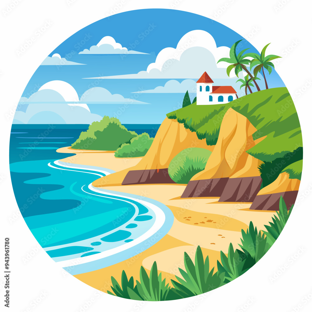 Obraz premium Coastal Landscape with House and Palm Trees