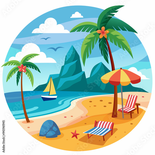 Tropical Beach Scene with Palm Trees, Umbrellas, and Loungers