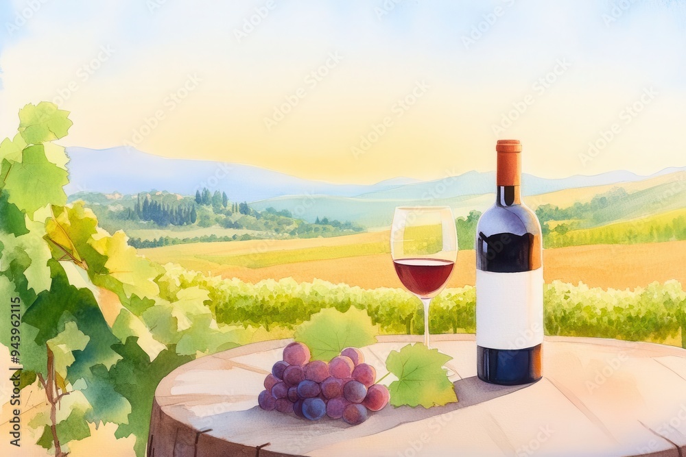 Fototapeta premium A tranquil vineyard scene featuring a bottle of red wine, a glass, and fresh grapes under a golden sunset sky.