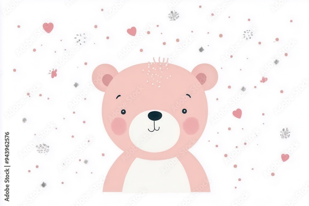 A cute pink bear illustration surrounded by hearts and stars, perfect for children's decor or playful themes. A cute pink bear illustration surrounded by hearts and stars, perfect for children's decor or playful themes.