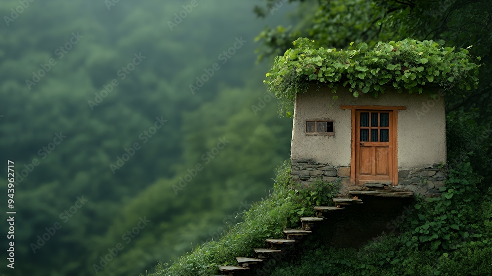 Fototapeta premium A quaint house nestled in lush greenery, blending architecture with nature.