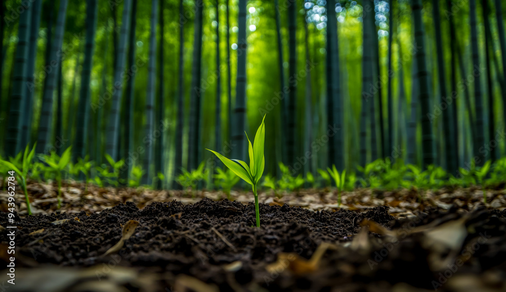 Close-up of bamboo shoots in soil, surrounded by tall, slender bamboo with green leaves. Close-up of bamboo shoots in soil, surrounded by tall, slender bamboo with green leaves.