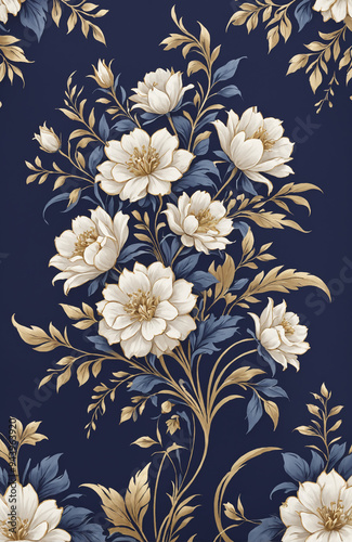 vintage royal navy blue with elegant white and gold flowers pattern