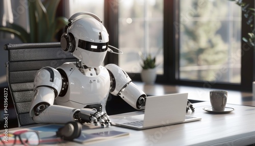 White Robot Working at Desk in Modern Office